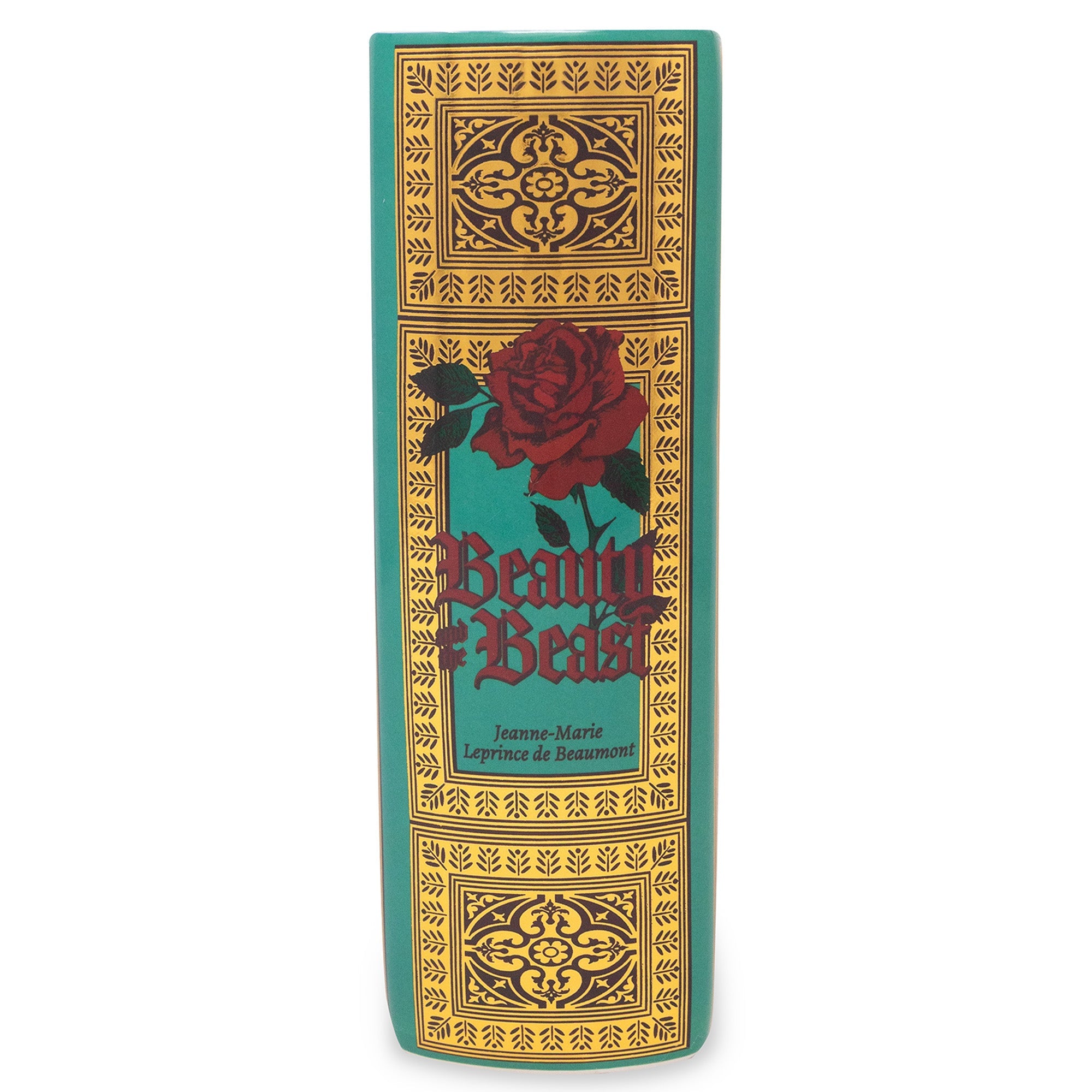 Spine of the teal Beauty and the Beast book vase, white background