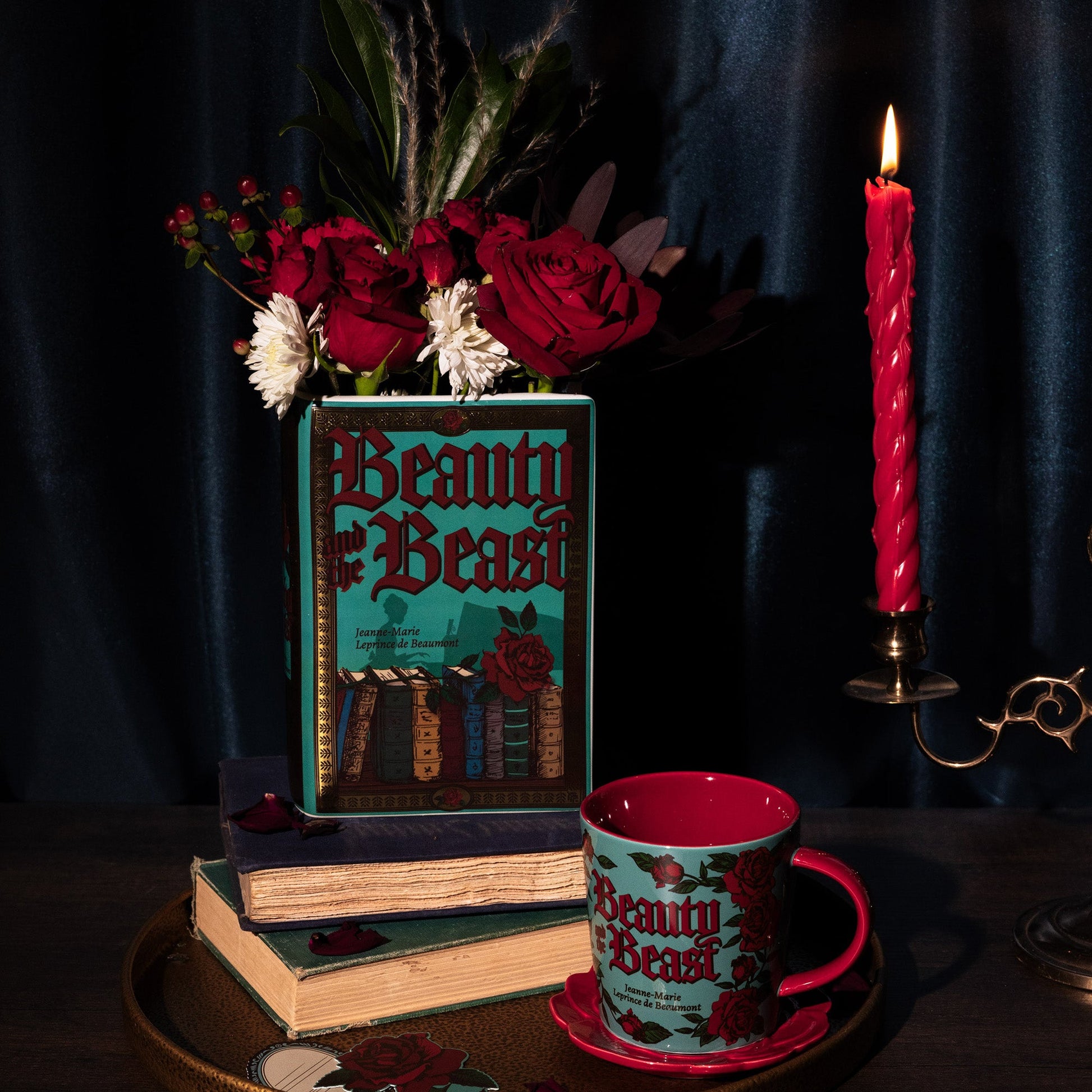 Beauty and the Beast book vase with flowers and a matching mug