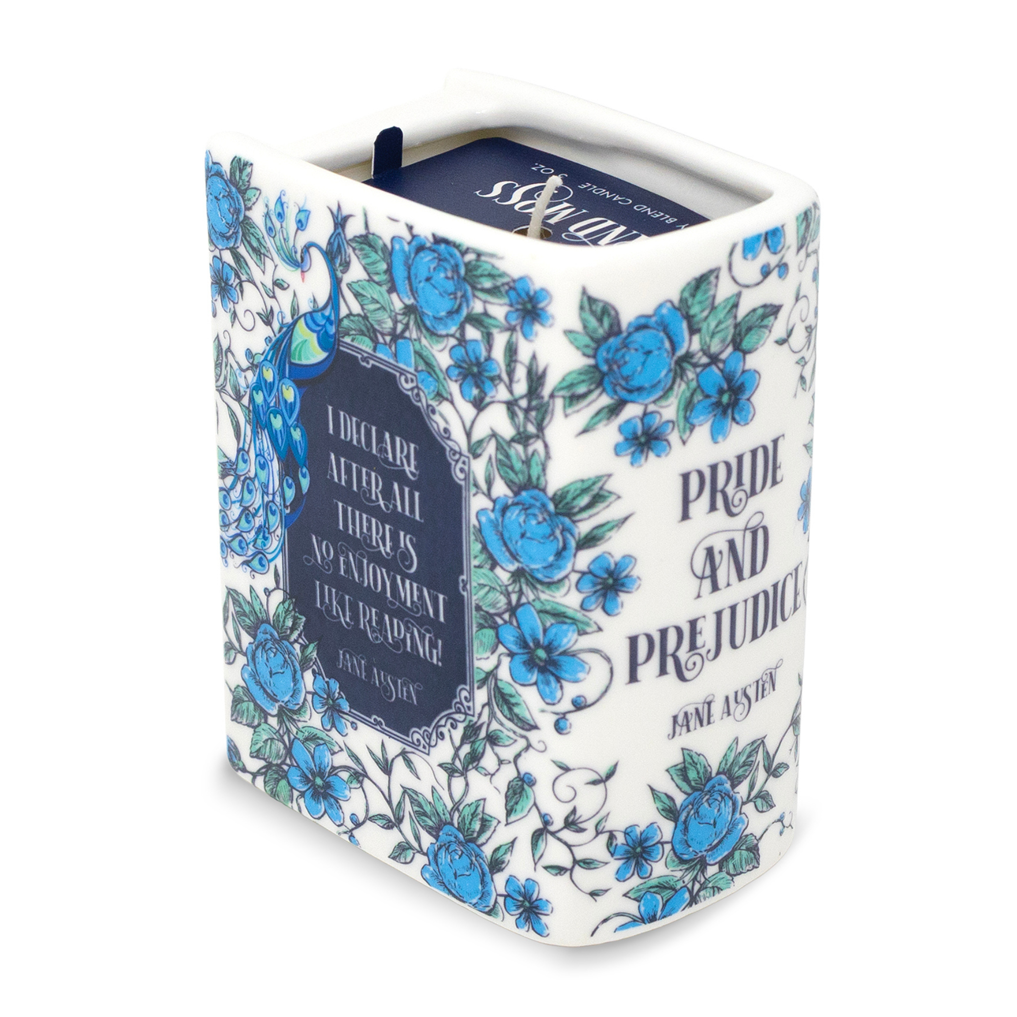 Pride and Prejudice candle showing back cover and spine on black background