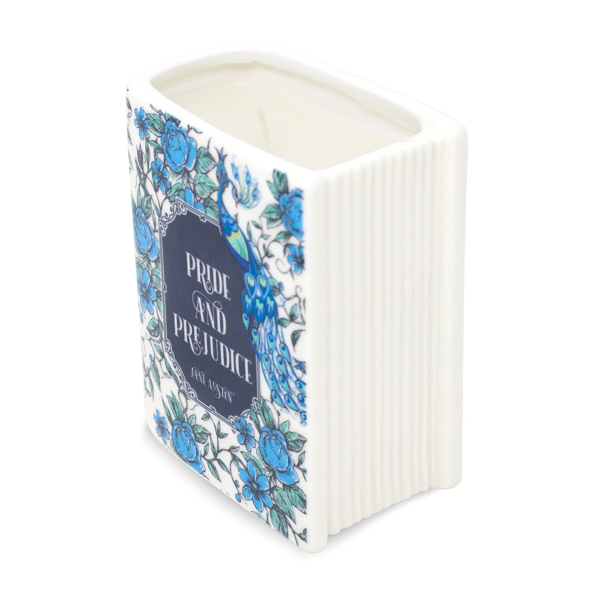 Book shaped candle angled view showing front cover and ridged page edge detail