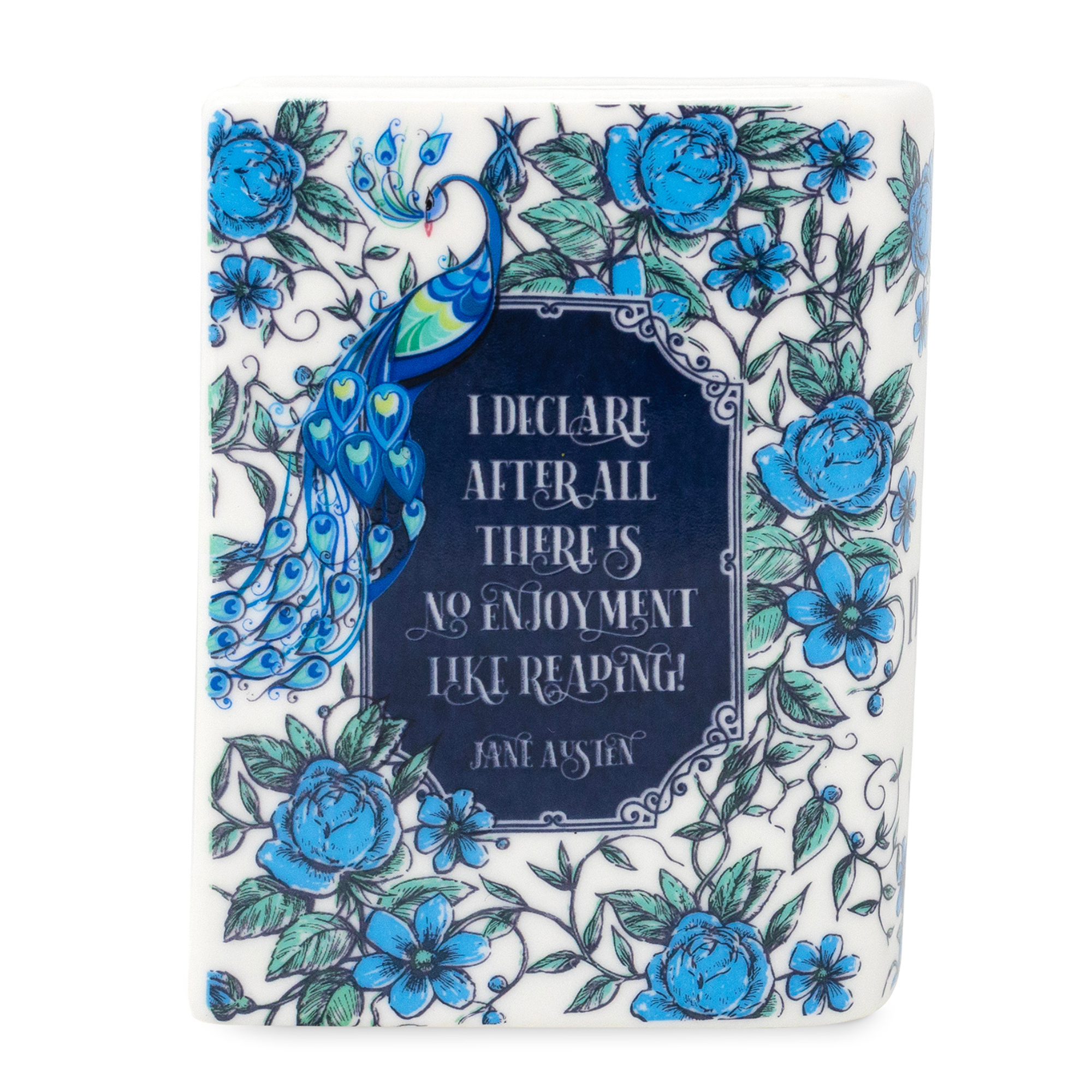 Book candle back cover with Jane Austen quote and blue peacock on black background