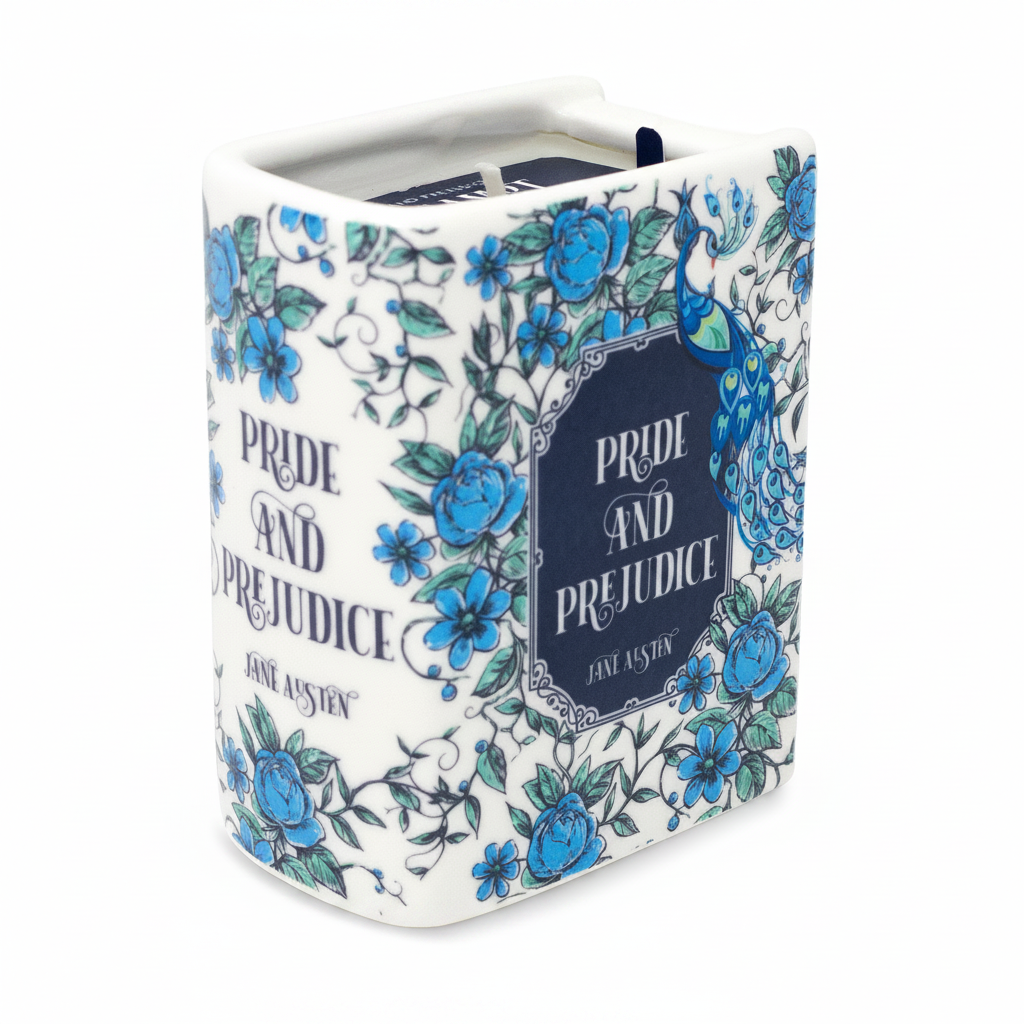 Ceramic book candle showing spine and front cover with blue floral pattern