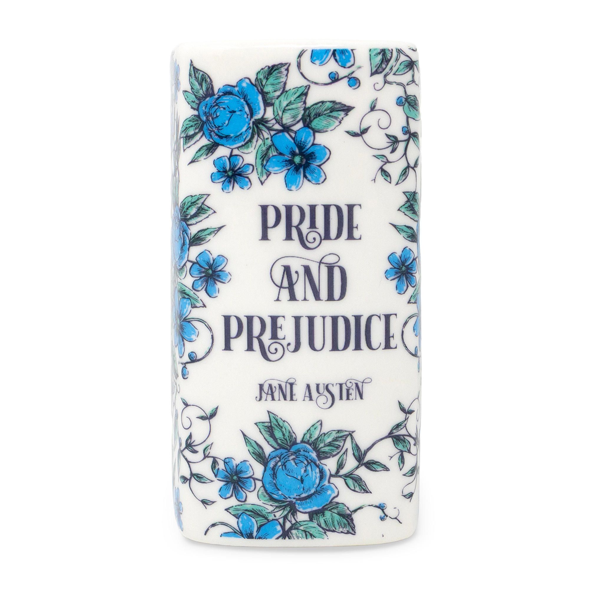 Book candle spine view with Pride and Prejudice title in blue on black background