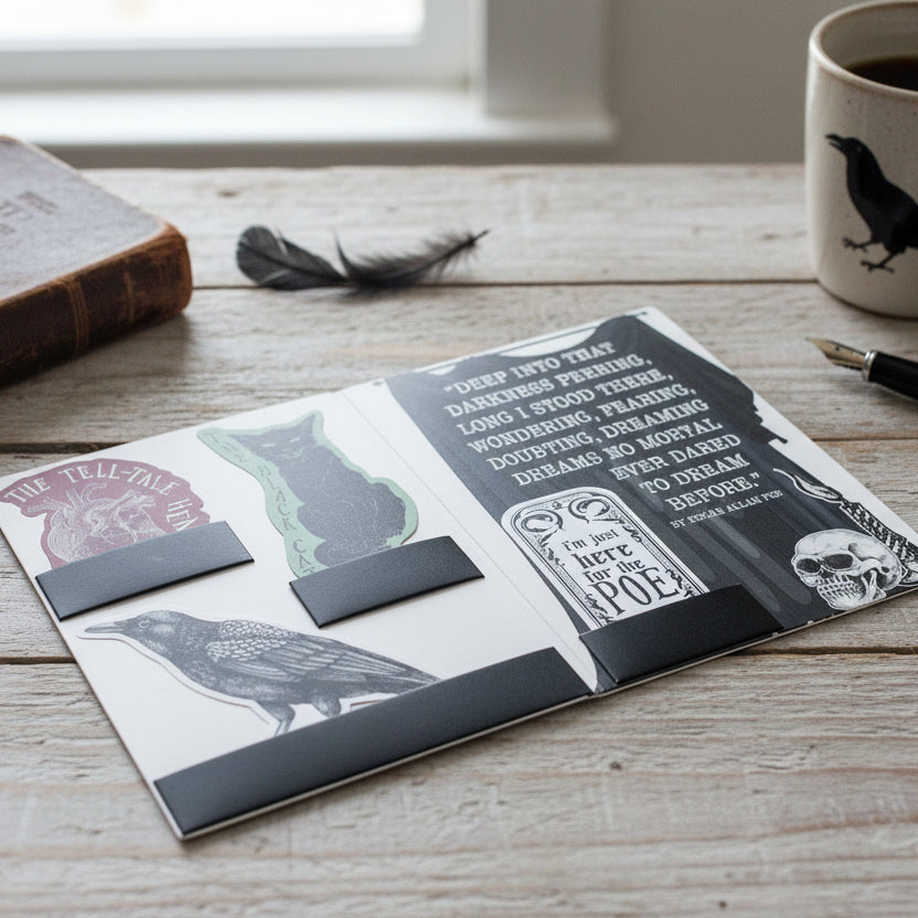Interior of the Edgar Allan Poe bookmark set showing all four designs