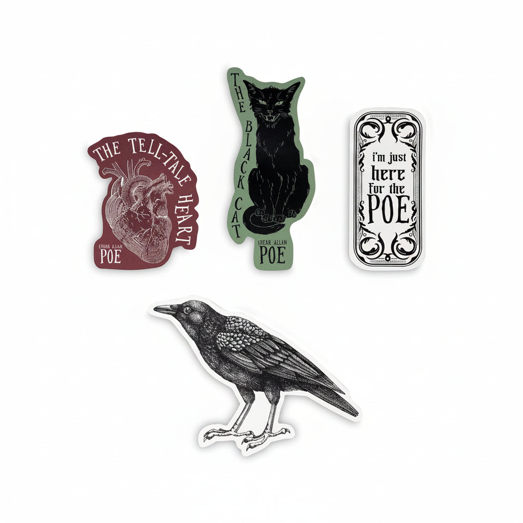 Set of four literary-themed stickers featuring 'The Tell-Tale Heart', 'The Black Cat', and a crow on a white background.