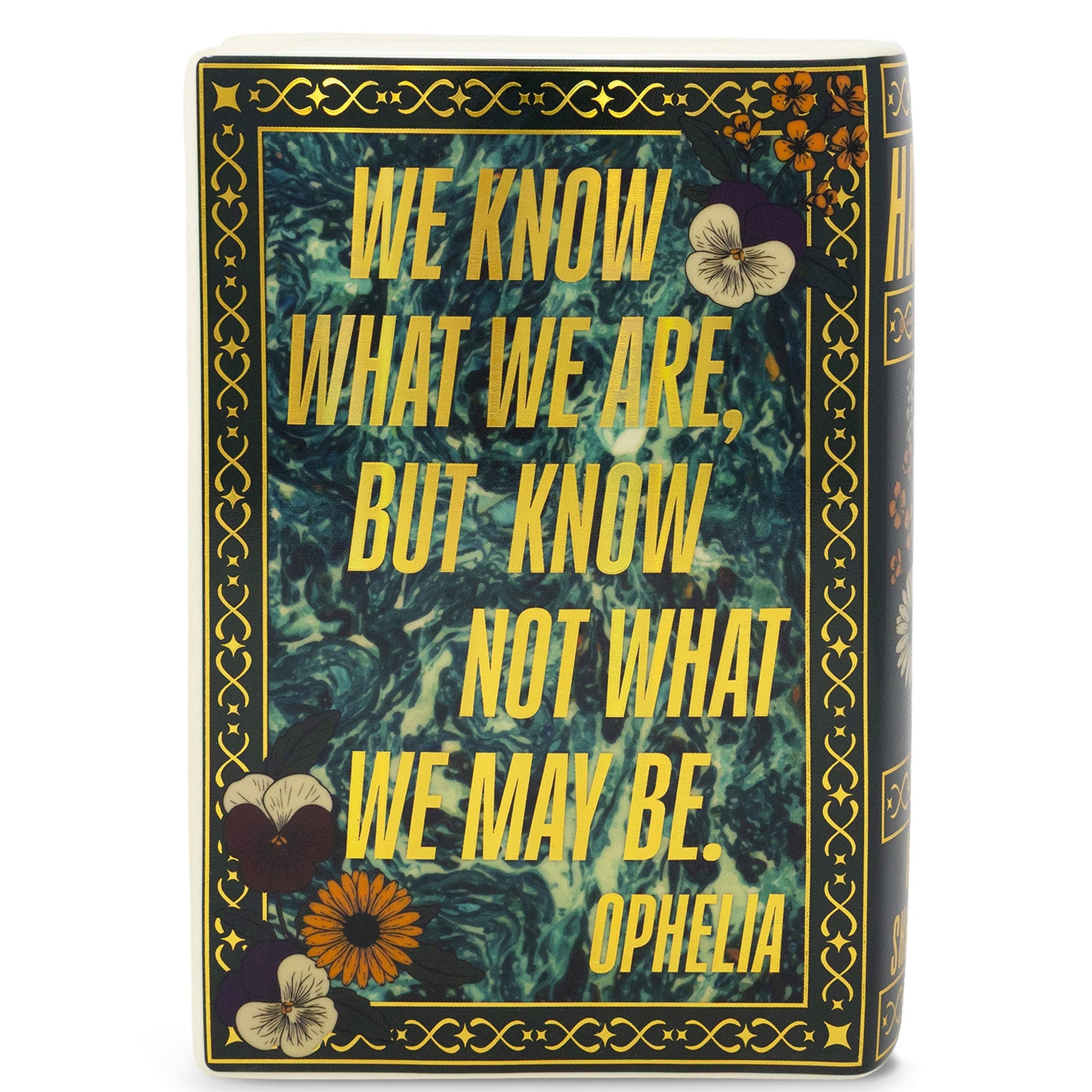 Hamlet book vase with an Ophelia quote, white background