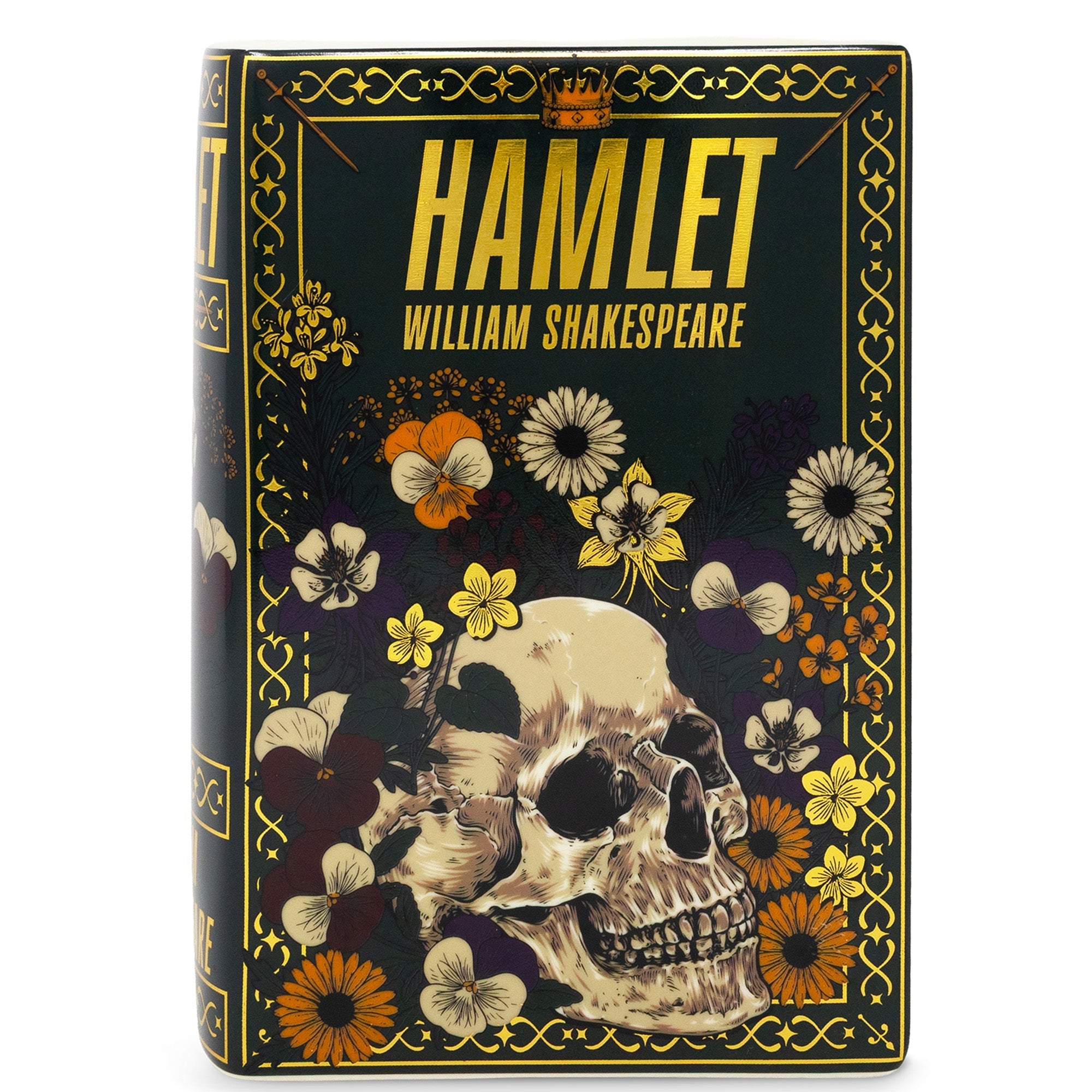 Hamlet book vase cover with skull and floral design, white background