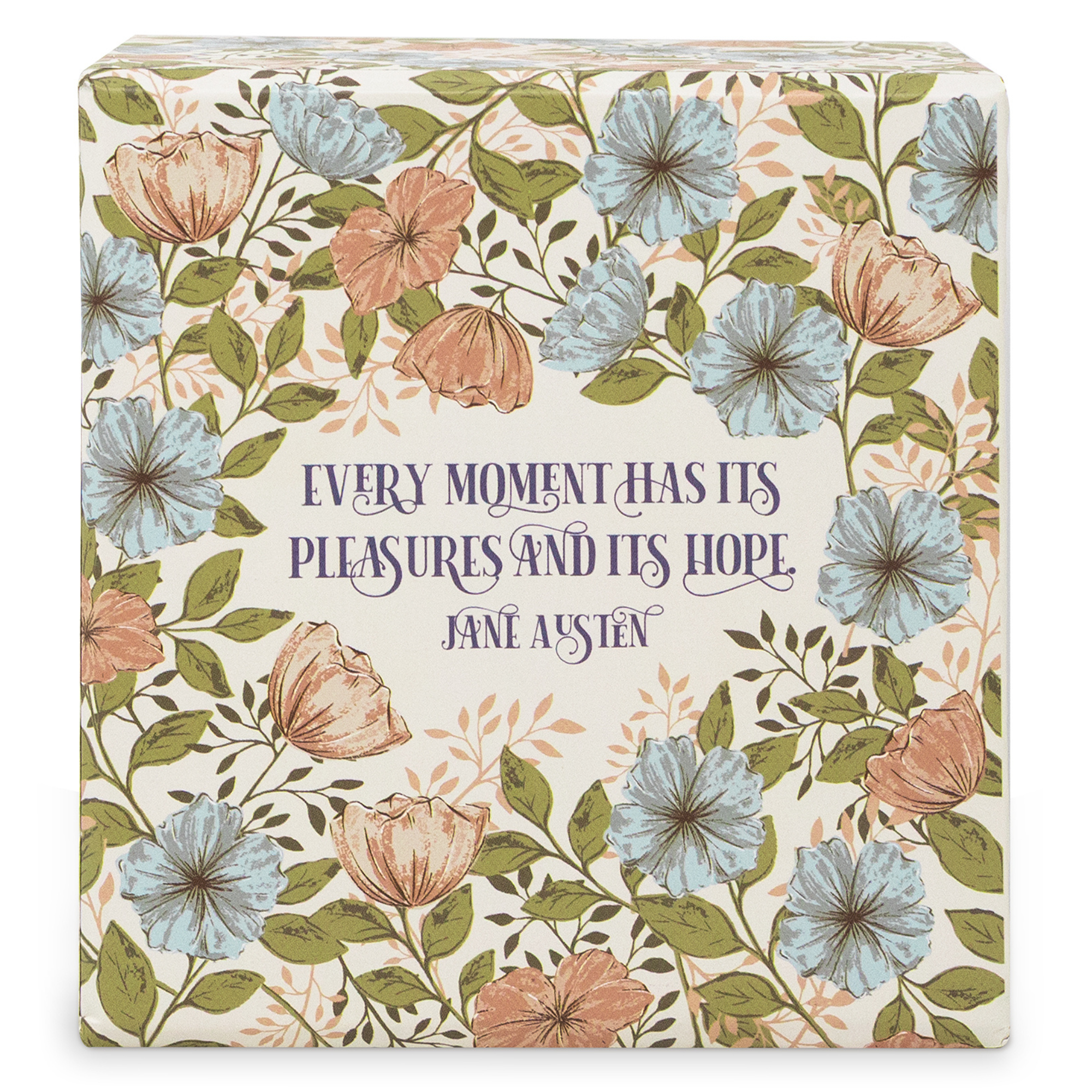 Coaster storage box with floral design and a Jane Austen quote