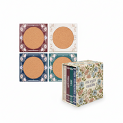 Four square floral-patterned cosmetic-style cases with round cork inserts, shown alongside a matching floral box labeled 'Jane Austen Collection' containing three slim books.