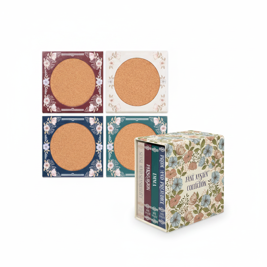 Four square floral-patterned cosmetic-style cases with round cork inserts, shown alongside a matching floral box labeled 'Jane Austen Collection' containing three slim books.