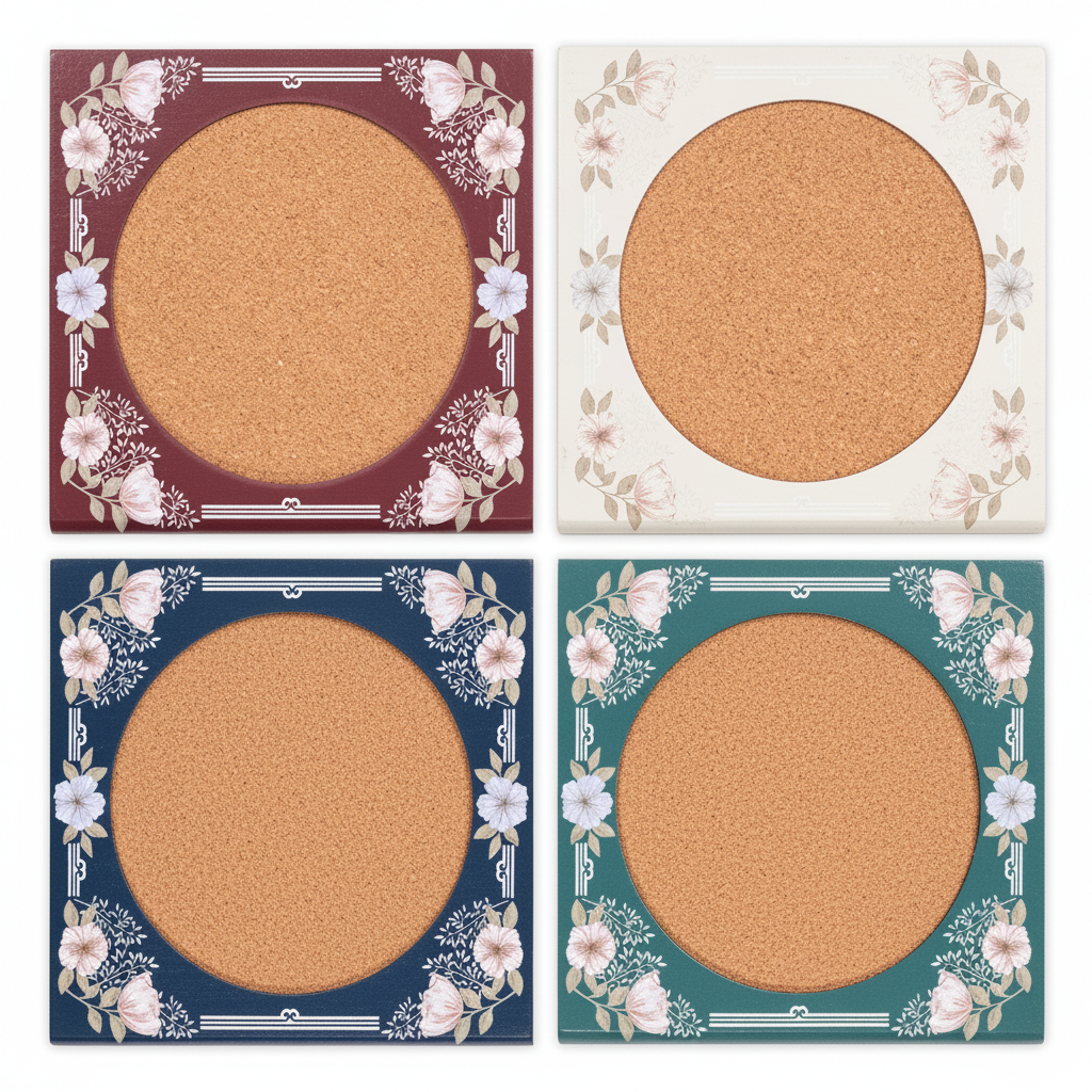 Four floral book-shaped coasters laid out, white background