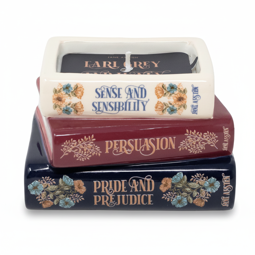 Jane Austen bookstack candle shaped like three stacked ceramic books, white background