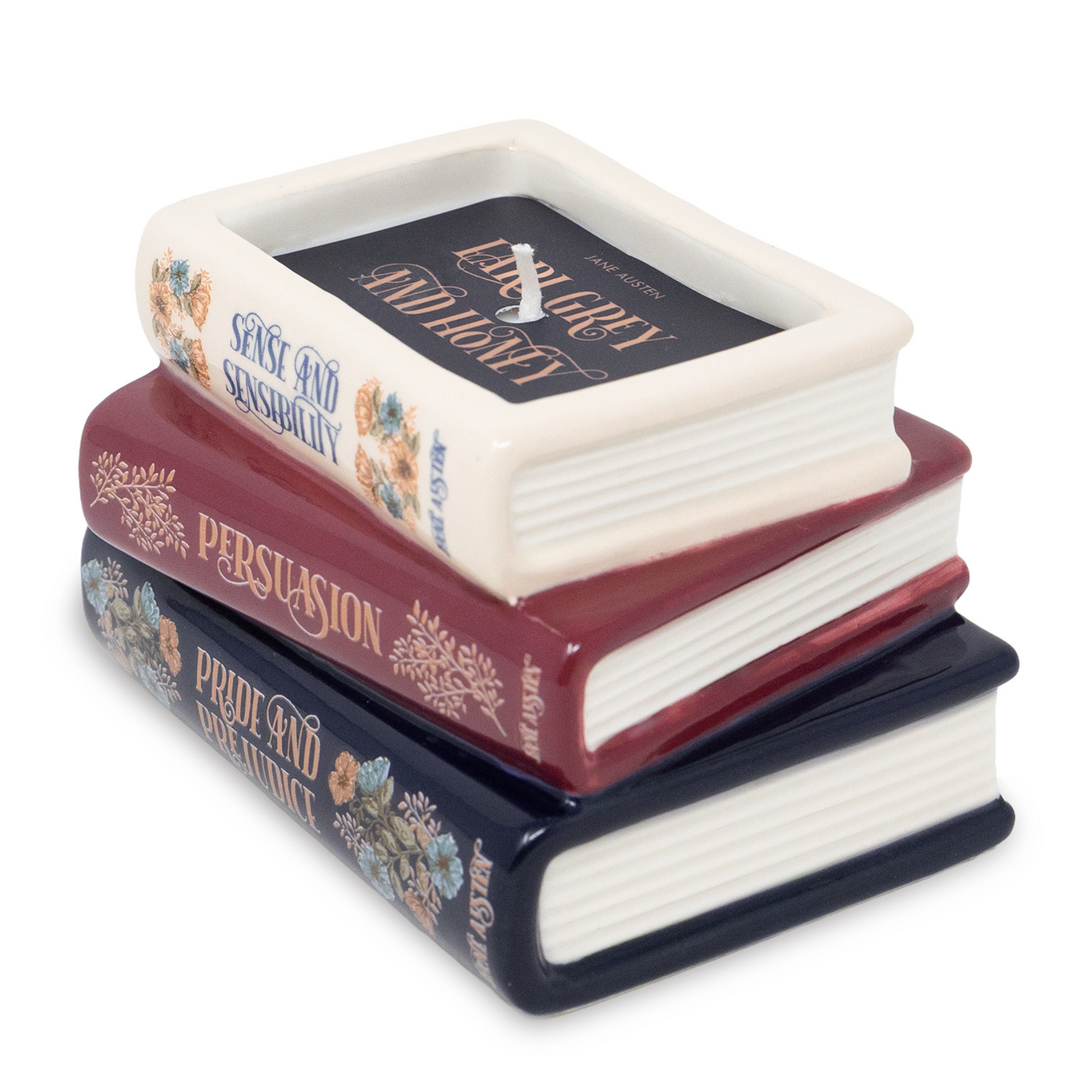 Jane Austen bookstack candle from the side showing sculpted ceramic pages, white background