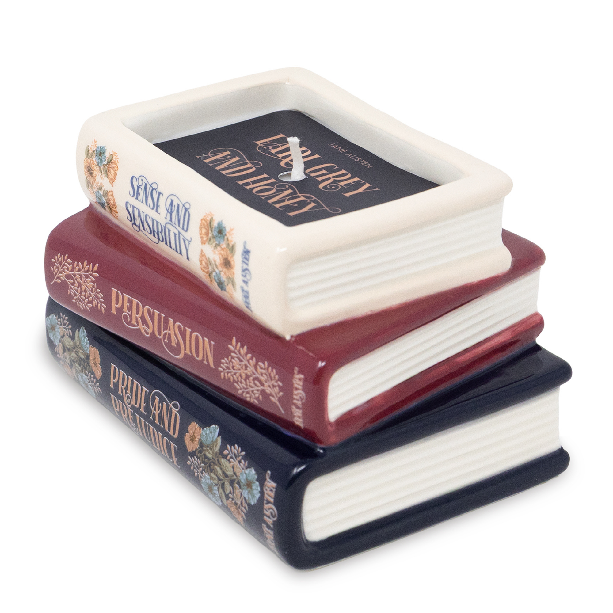 Jane Austen bookstack candle from the side showing sculpted ceramic pages, white background