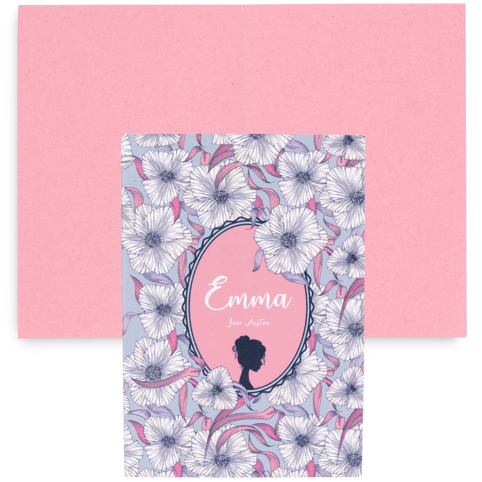 Emma mini book notepad with lilac floral cover, pink background