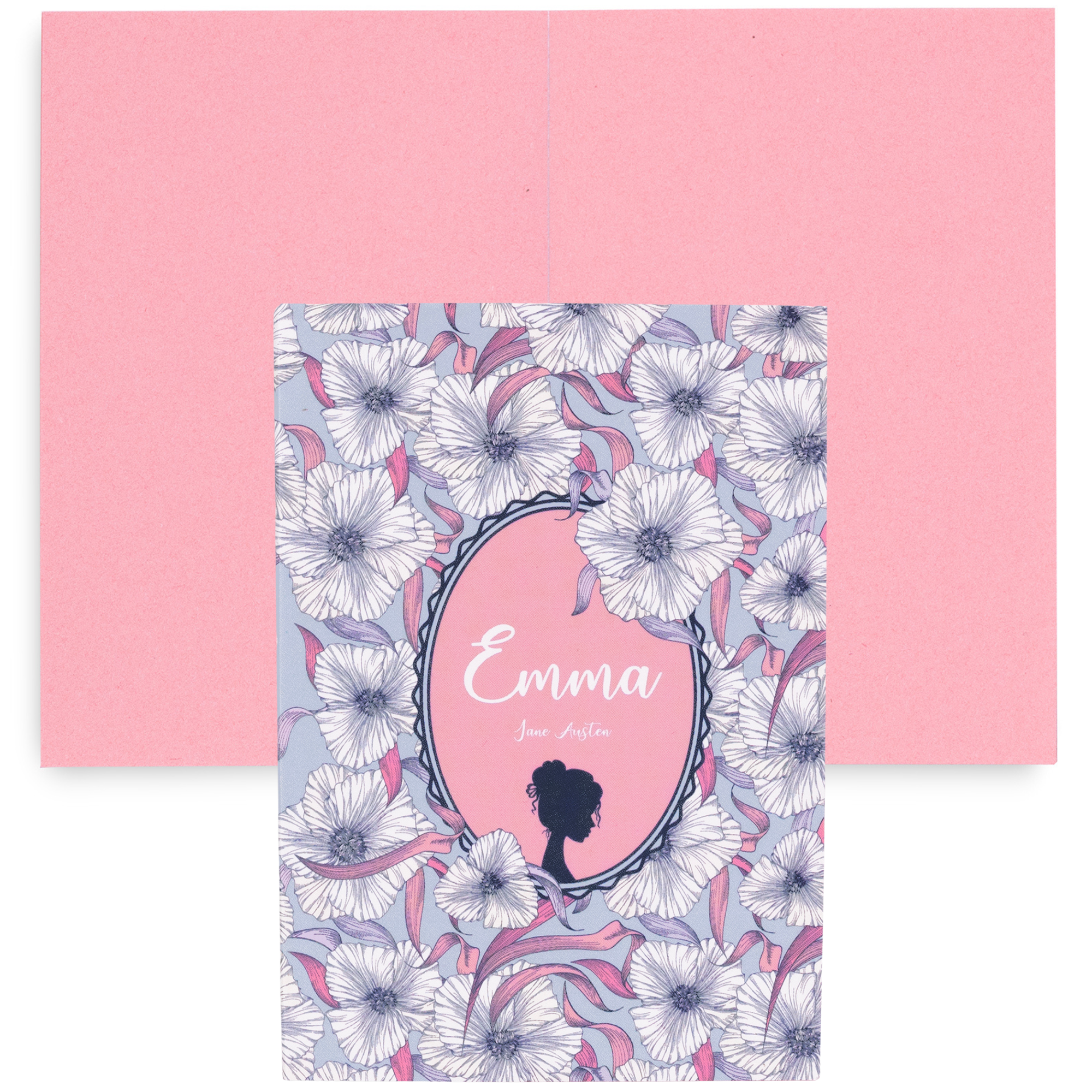 Emma mini book notepad with lilac floral cover, pink background