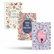 Three decorative book covers arranged overlapping on a white background: 'Sense and Sensibility' by Jane Austen with floral and vintage illustrations, 'Pride and Prejudice' by Jane Austen with pink flowers and a blue title panel, and 'Emma' by Jane Austen with a lavender floral pattern and pink oval portrait frame.