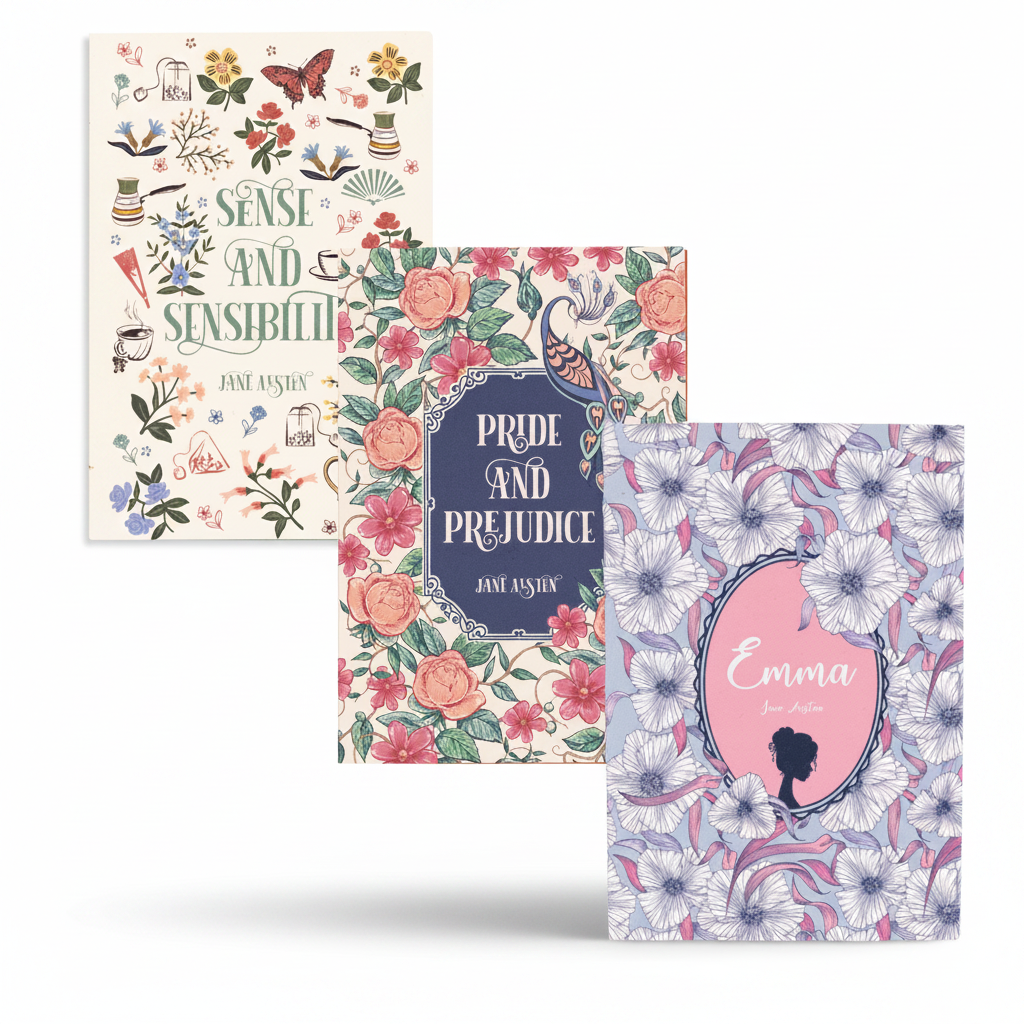 Three decorative book covers arranged overlapping on a white background: 'Sense and Sensibility' by Jane Austen with floral and vintage illustrations, 'Pride and Prejudice' by Jane Austen with pink flowers and a blue title panel, and 'Emma' by Jane Austen with a lavender floral pattern and pink oval portrait frame.