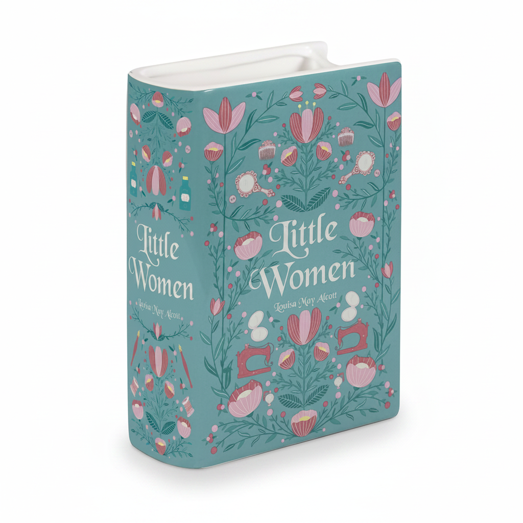 A hardcover book or notebook titled "Little Women" by Laura May Aaron, featuring a teal cover decorated with pink flowers, green leaves, sewing machines, and other vintage-style illustrations. The book is shown standing upright at a slight angle against a clean white background.