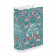 A hardcover book or notebook titled "Little Women" by Laura May Aaron, featuring a teal cover decorated with pink flowers, green leaves, sewing machines, and other vintage-style illustrations. The book is shown standing upright at a slight angle against a clean white background.