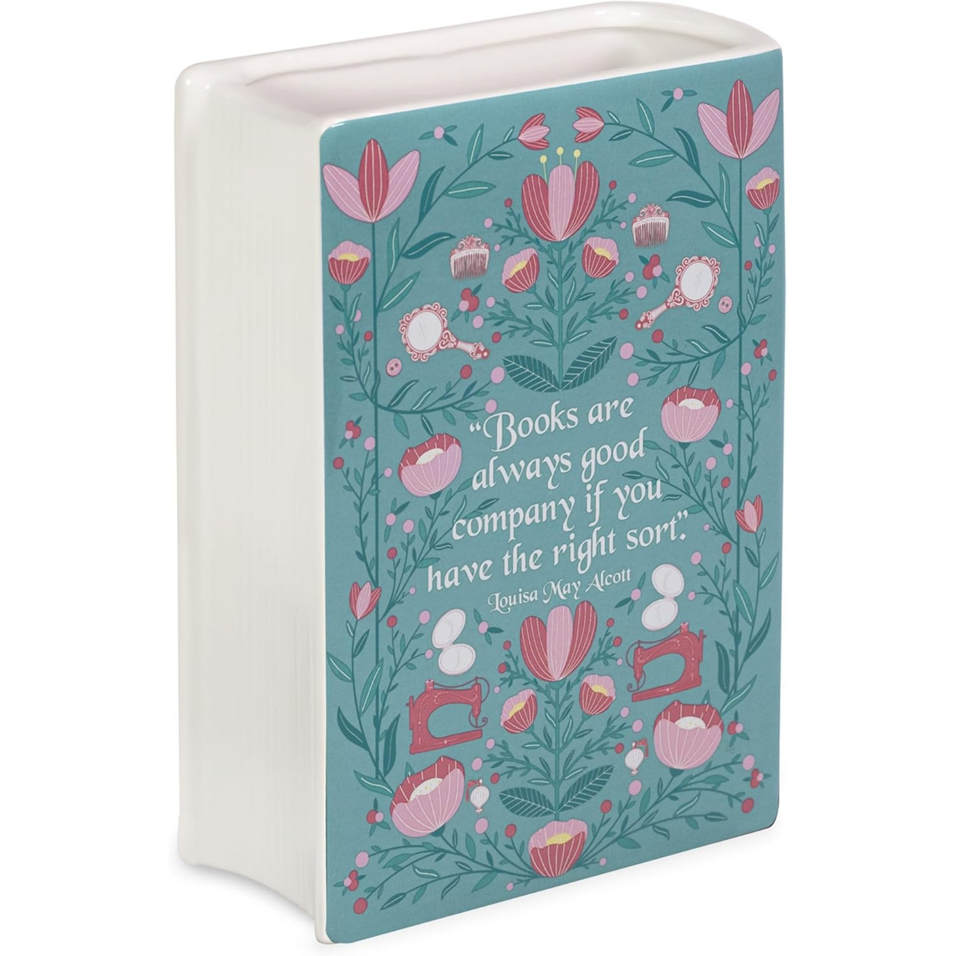 Little Women book vase styled with fresh flowers and books