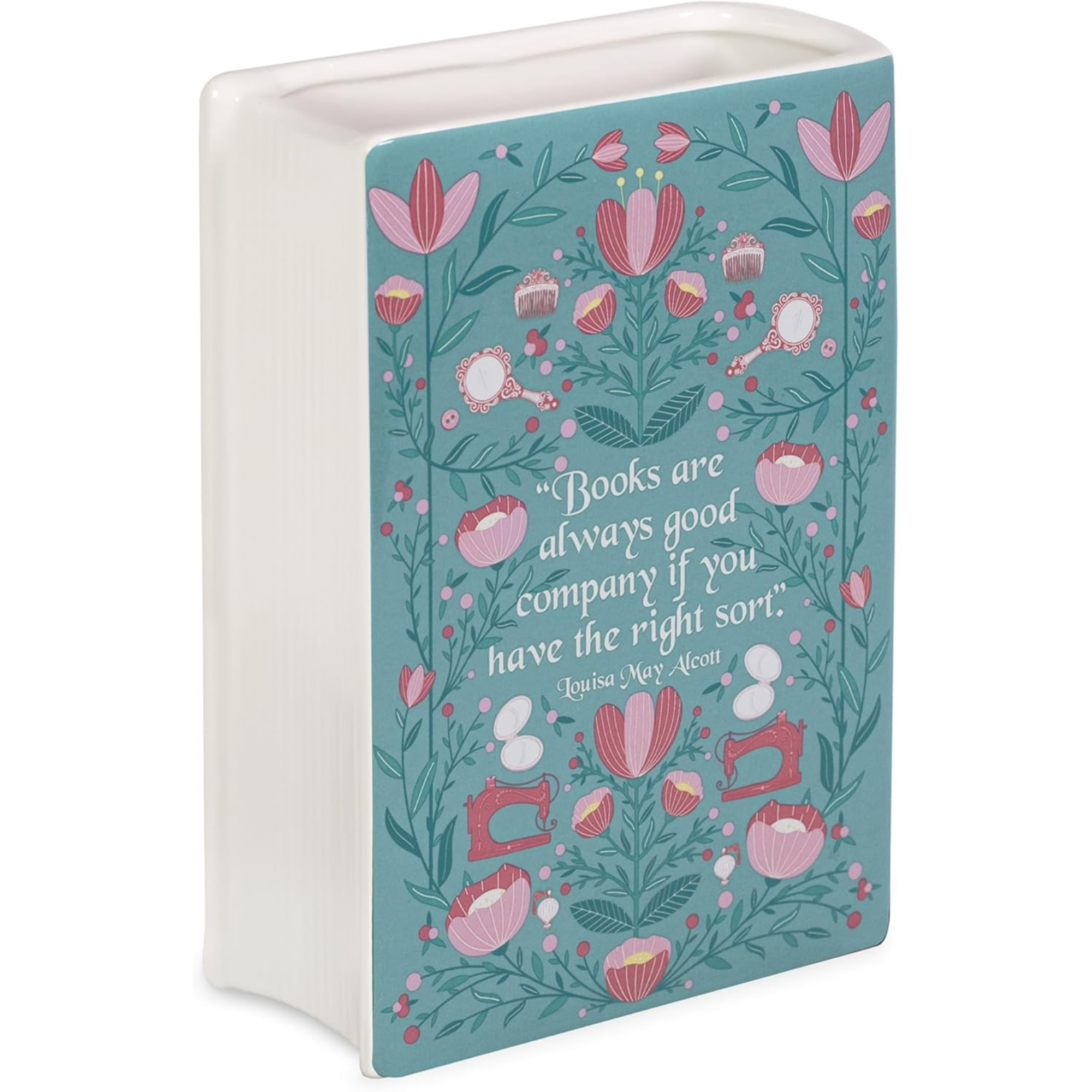 Little Women book vase styled with fresh flowers and books