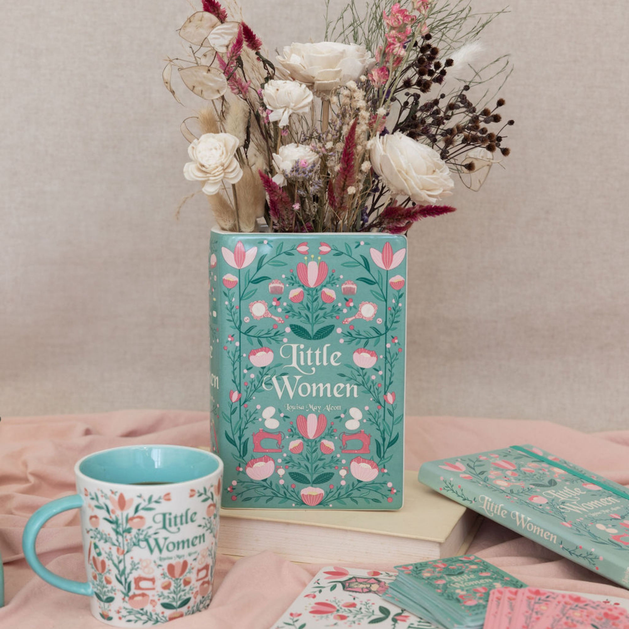Little Women book vase with matching mug and coasters