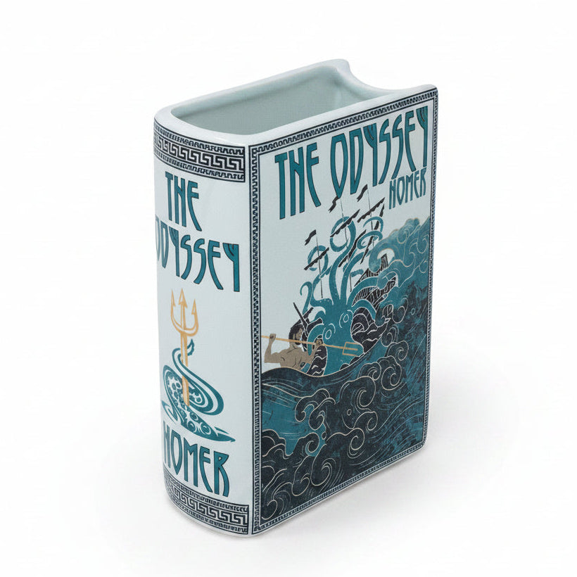 Vase designed like 'The Odyssey' book with classical design elements