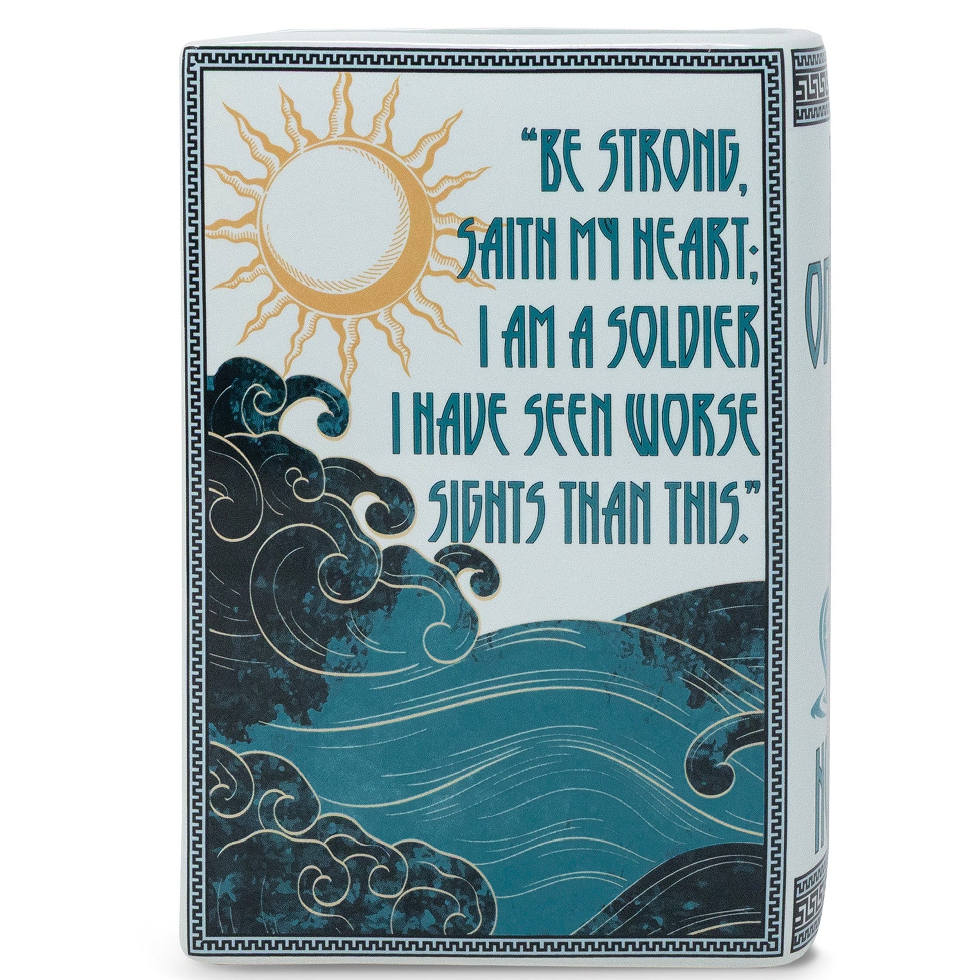 Odyssey book vase gift card with sun and waves design, white background