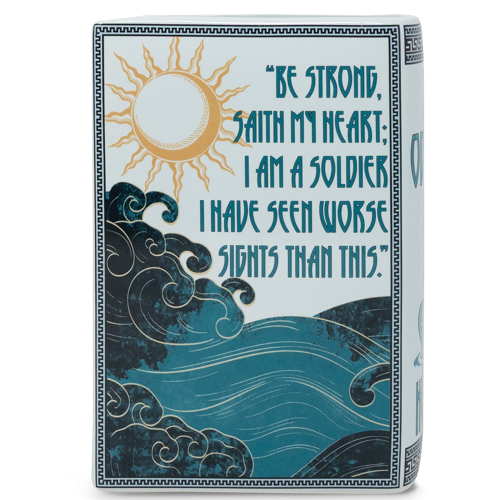 Odyssey book vase gift card with sun and waves design, white background
