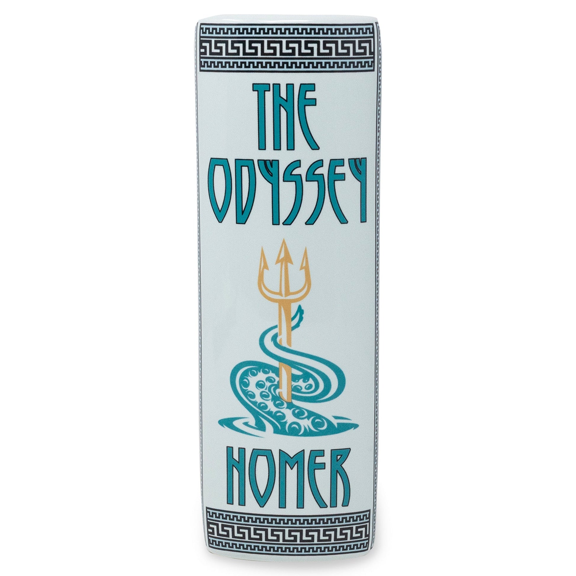 Spine of the Odyssey book vase with Homer trident design, white background