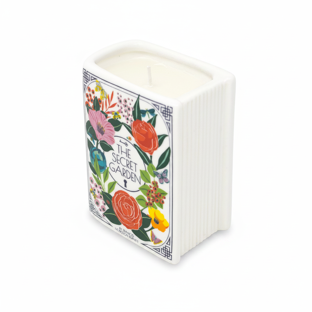 Back of the Secret Garden book candle showing sculpted pages, white background