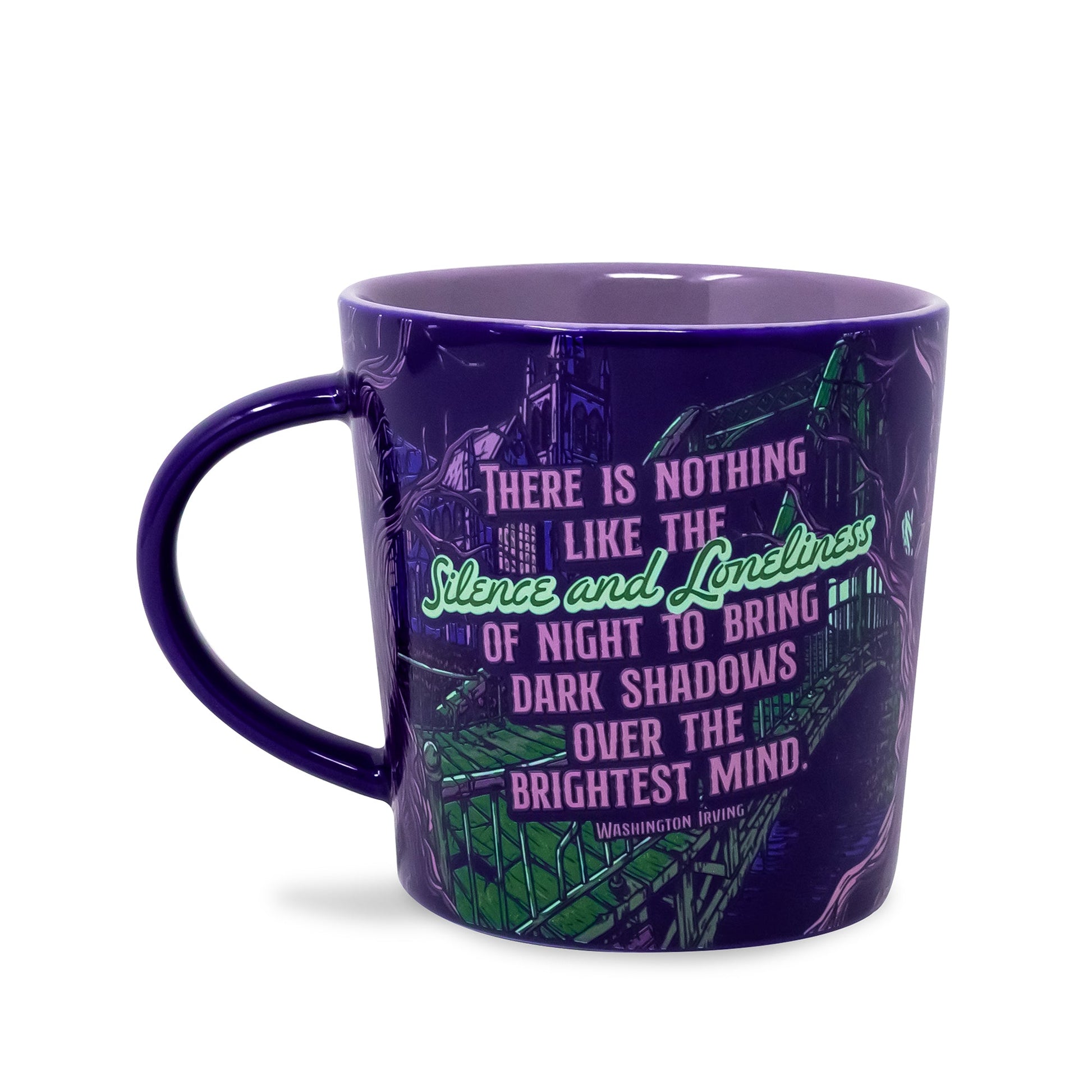 Sleepy Hollow mug back showing a Washington Irving quote, white background