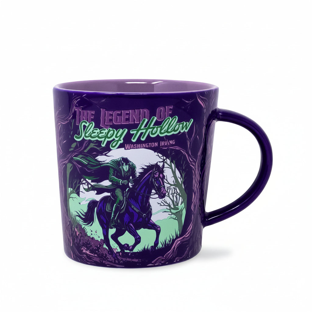 Purple mug with 'The Legend of Sleepy Hollow' design featuring a person on a horse.