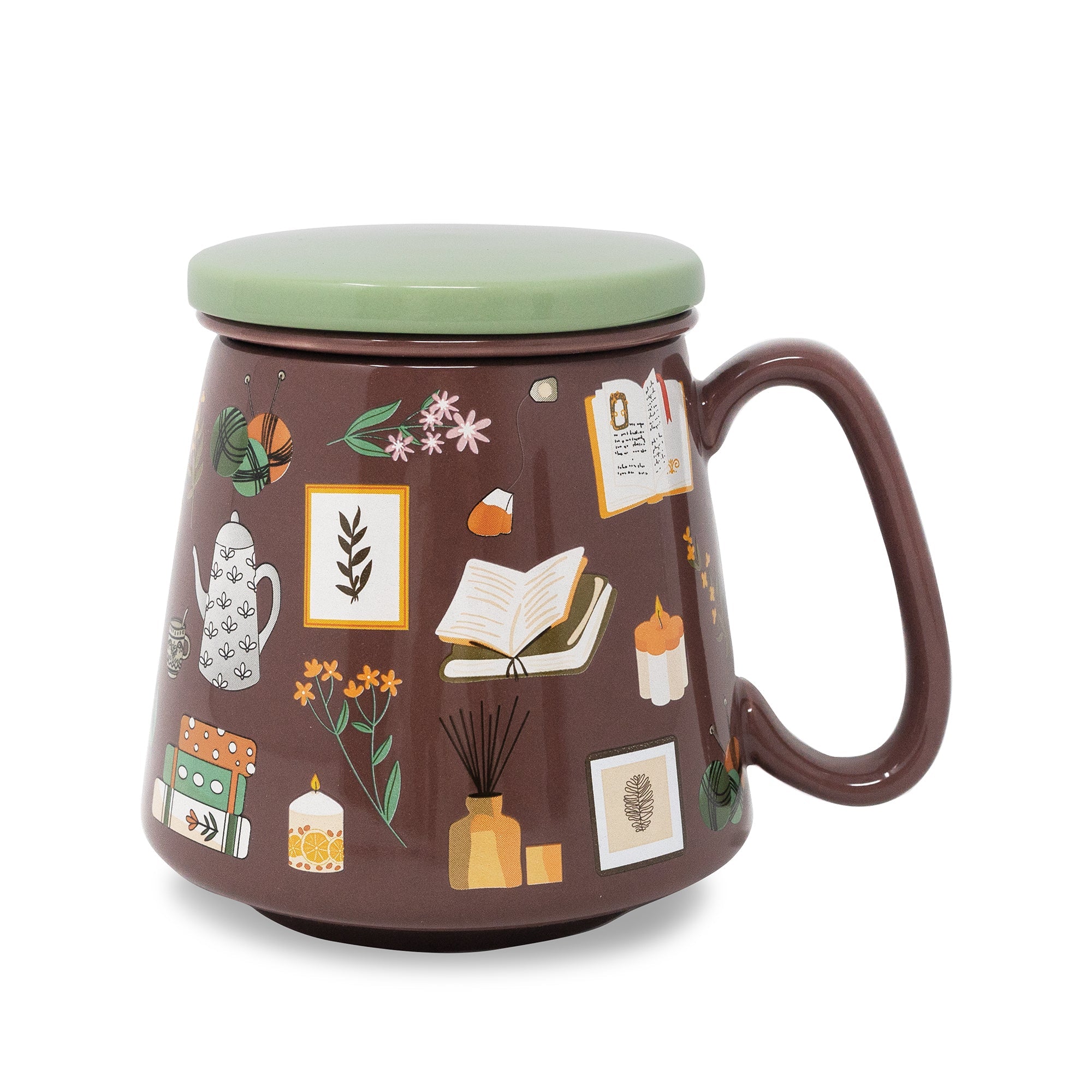 Book print ceramic mug with sage green lid on a white background
