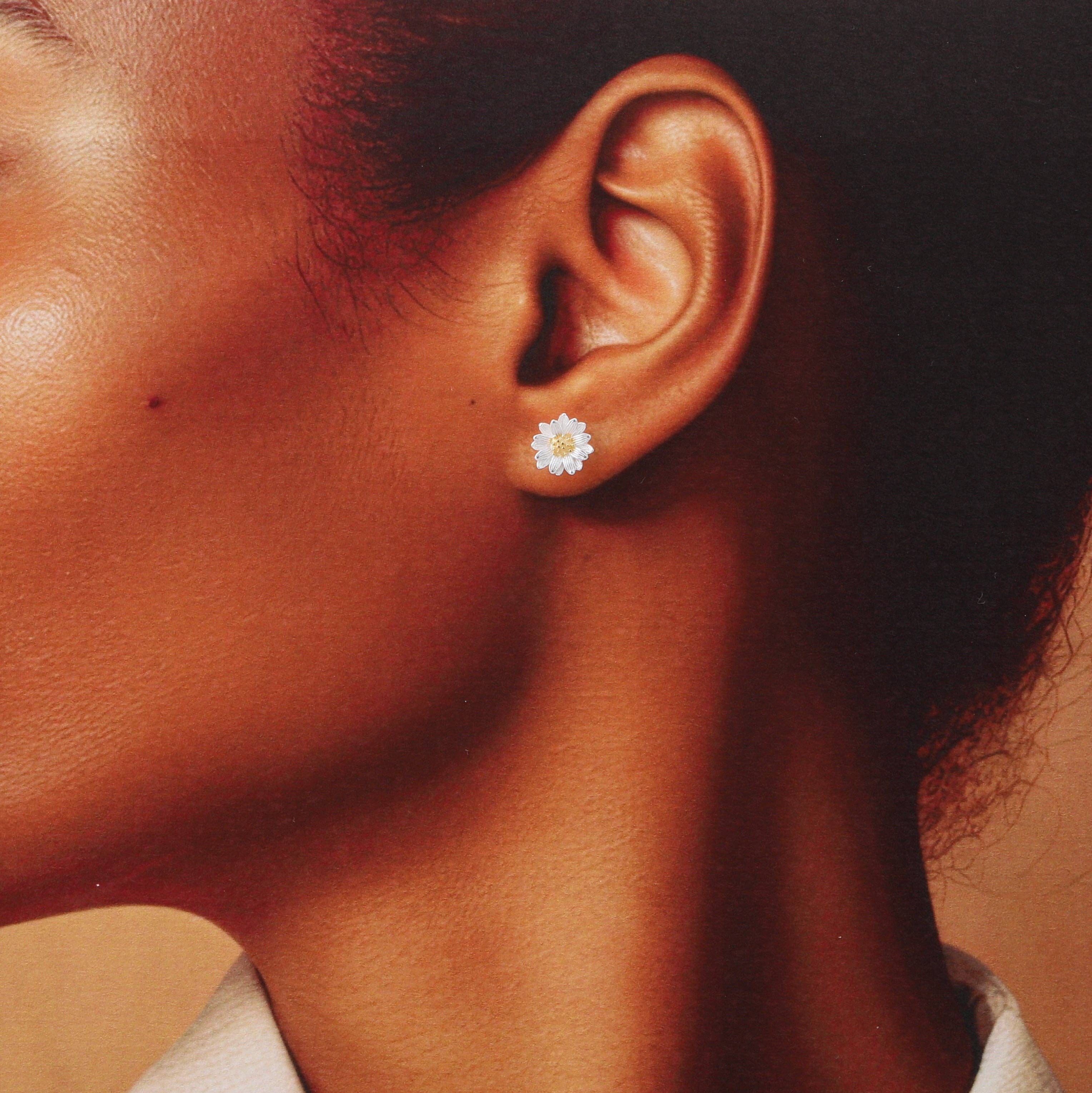 Sterling silver wild daisy earrings, close-up detail