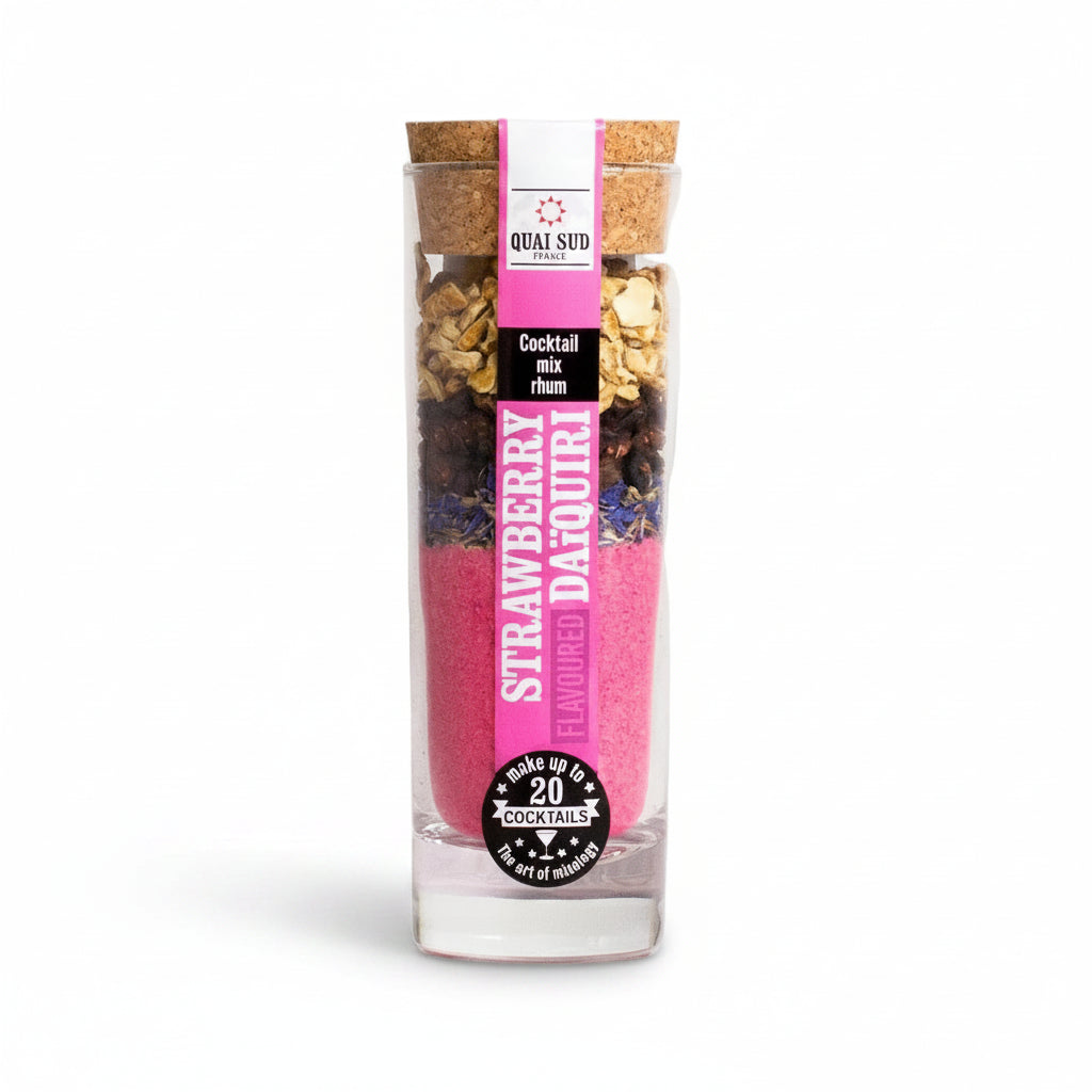 Strawberry Daiquiri Cocktail Mix in glass jar with cork lid.