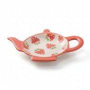 Strawberry shaped teabag rest dish in glossy stoneware by Sass and Belle, front view
