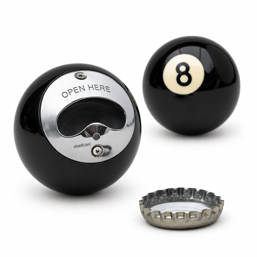 8 ball bottle opener front and back with a bottle cap, grey background