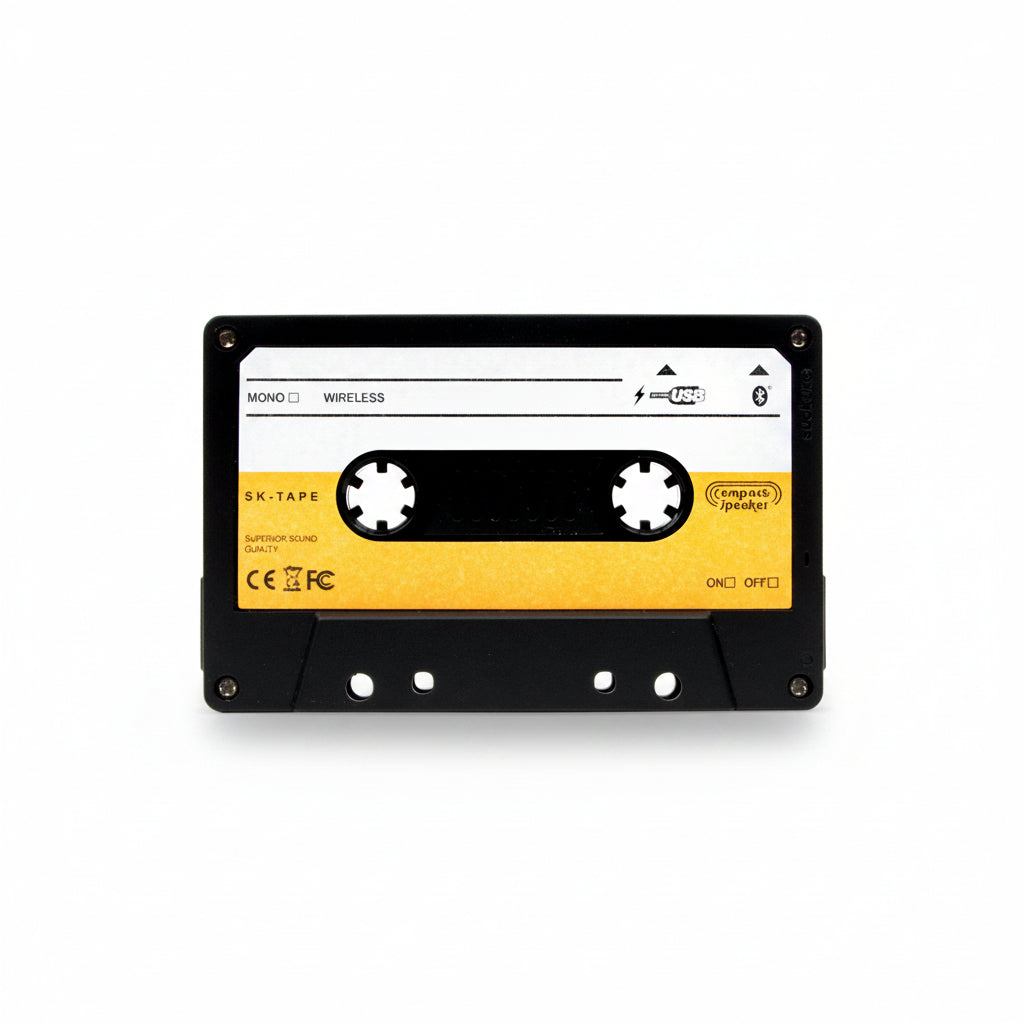 Retro cassette tape Bluetooth speaker front view on grey background