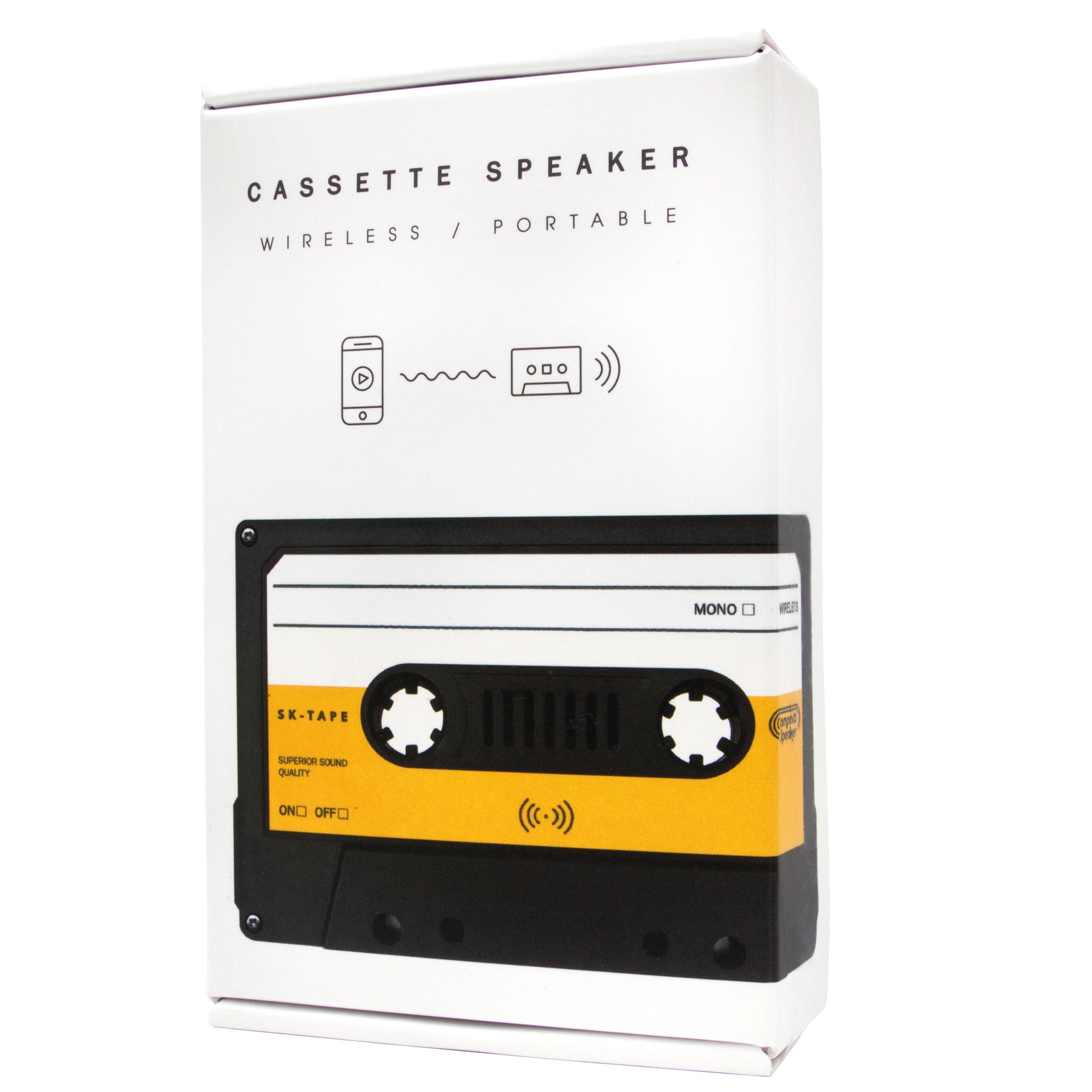 Wireless cassette speaker in white packaging box on dark background