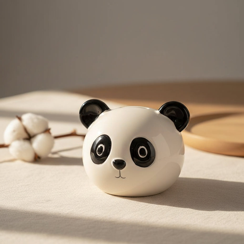 Side angle of Susu the Panda Ceramic Money Box showing glossy finish and rounded shape.