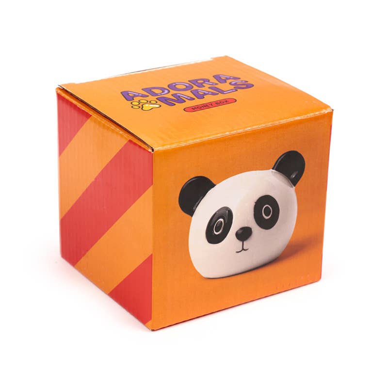 Close-up of Adoramals gift box packaging for Susu the Panda Money Box with striped orange design.
