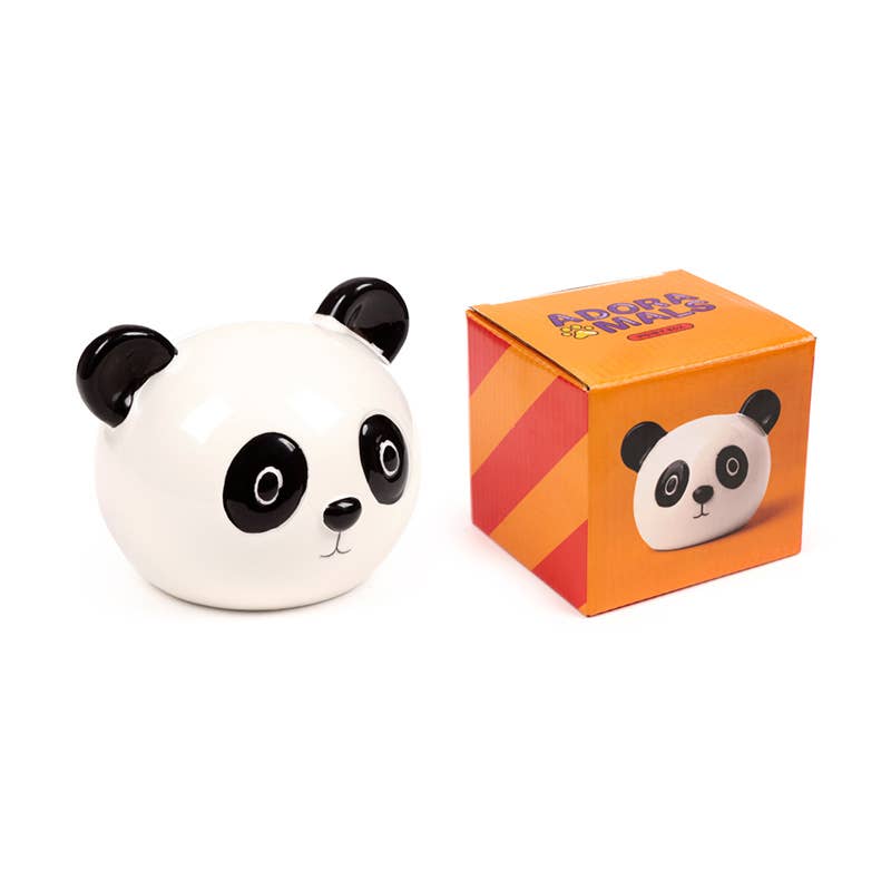 Susu the Panda Ceramic Money Box beside its bright orange Adoramals gift box packaging.