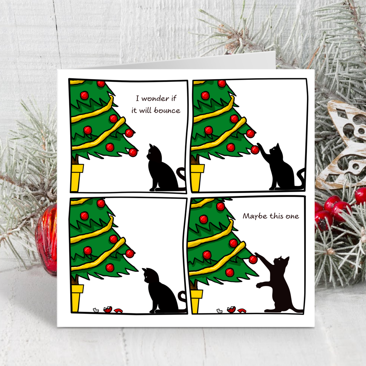 Cat Will It Bounce Christmas Card among frosted branches and baubles