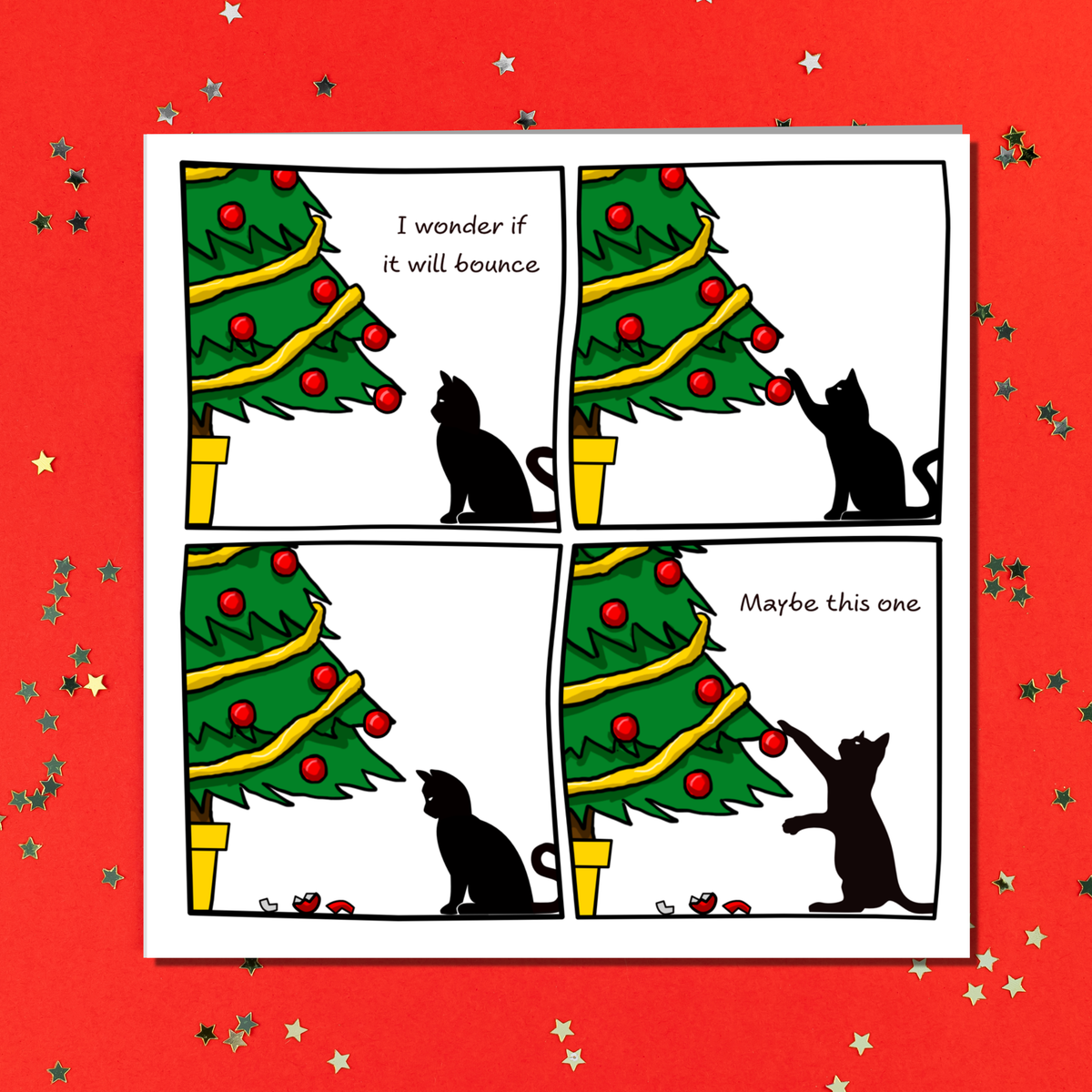 Cat Will It Bounce Christmas Card on a red background with glitter stars