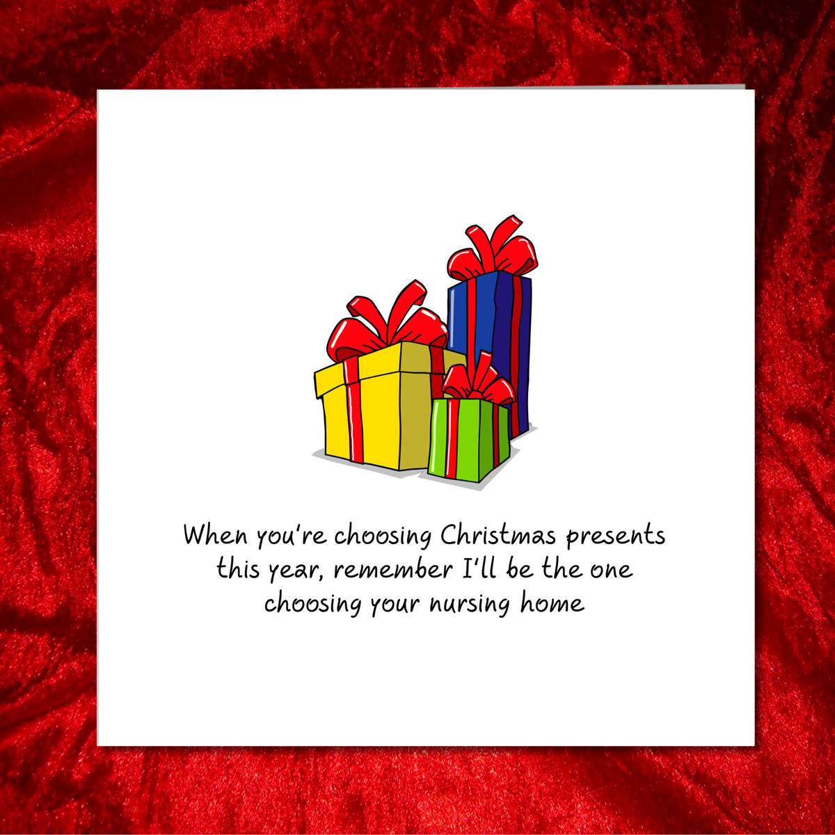 Choosing Your Nursing Home Christmas Card on festive red velvet