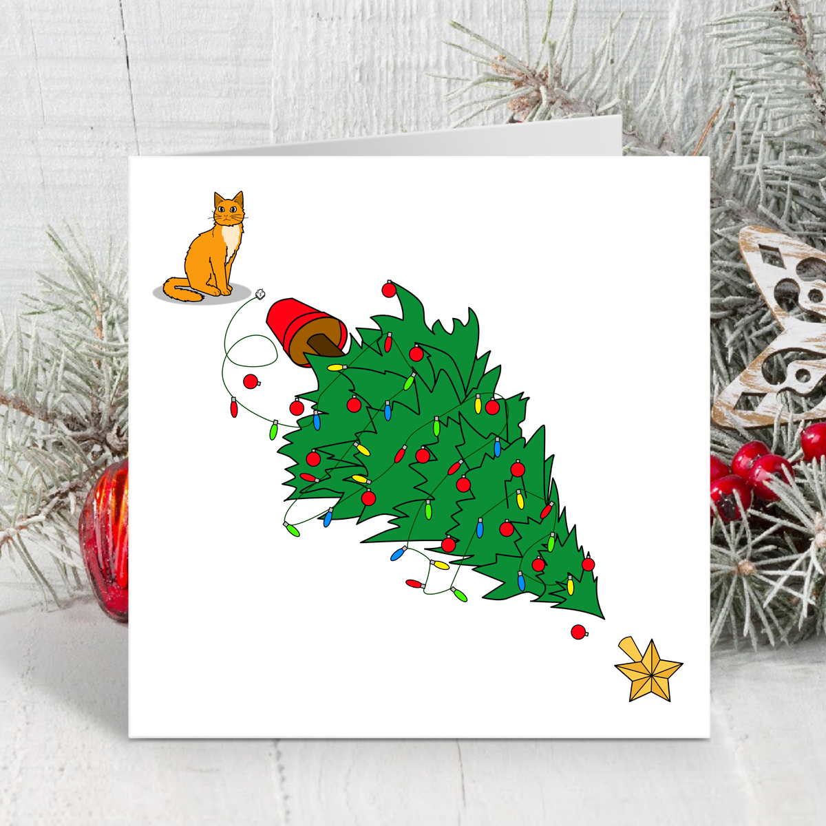 Grumpy Cat Christmas Tree Card among frosted branches and red baubles