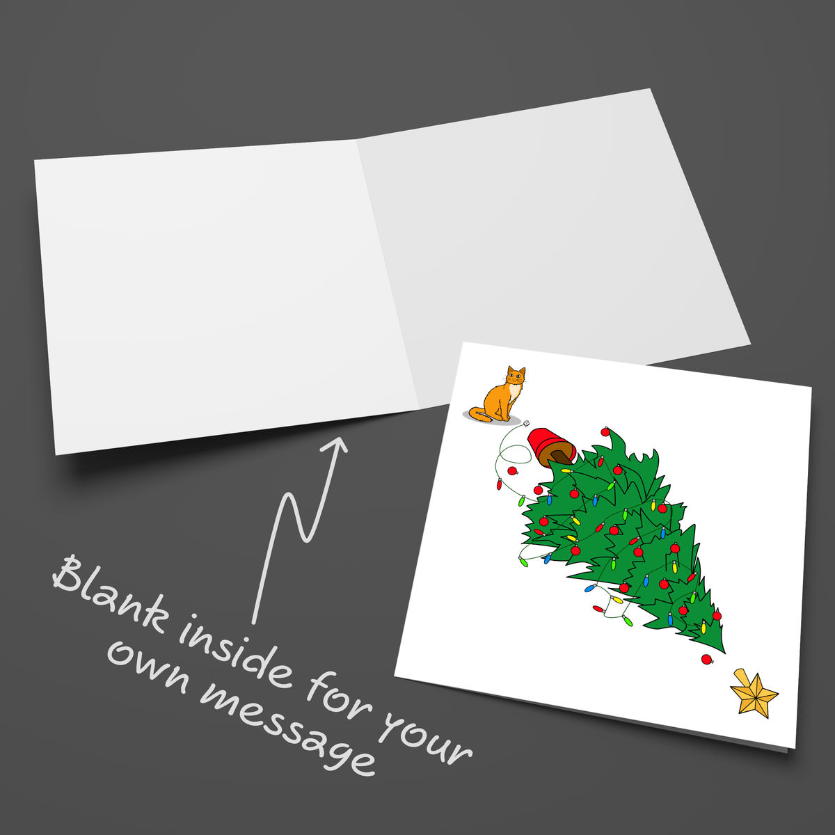 Grumpy Cat Christmas Tree Card opened to show the blank inside