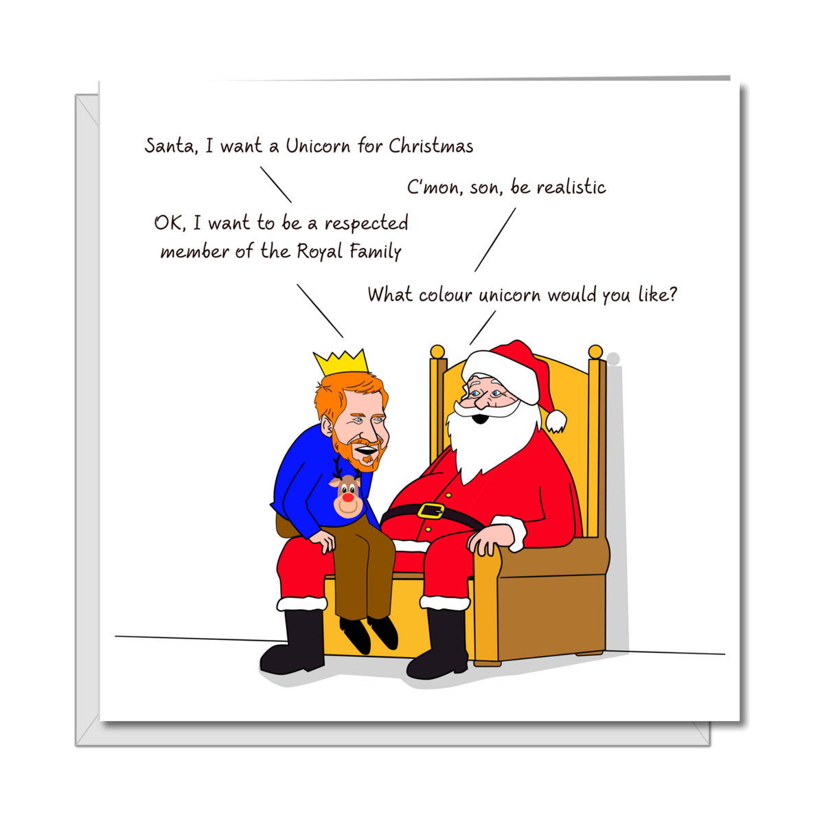Harry and Santa Unicorn Christmas Card on a pure white background